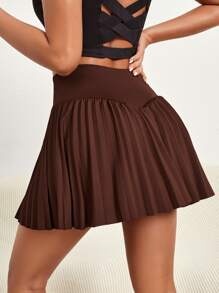 Pleated Sports Skort With Phone Pocket - Coffee Brown - View 2