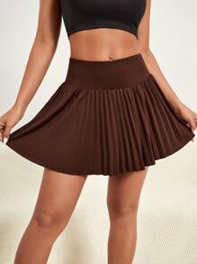 Pleated Sports Skort With Phone Pocket - Coffee Brown - View 4
