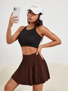 Pleated Sports Skort With Phone Pocket - Coffee Brown - View 5