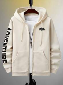 Manfinity Men 1pc Letter Graphic Zip Up Thermal Lined Drawstring Hoodie - Apricot - View 1