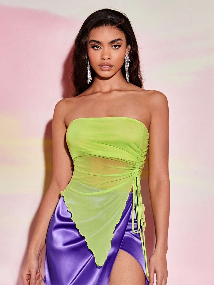 SHEIN BAE Drawstring Side Asymmetrical Hem Mesh Tube Top - Lime Green - View 1