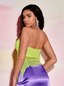 SHEIN BAE Drawstring Side Asymmetrical Hem Mesh Tube Top - Lime Green - View 2