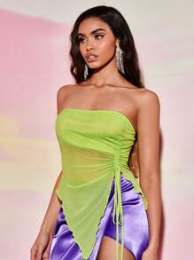 SHEIN BAE Drawstring Side Asymmetrical Hem Mesh Tube Top - Lime Green - View 6