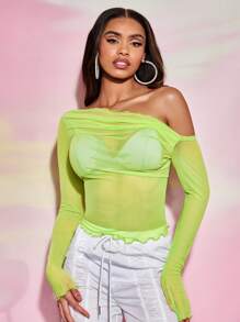 SHEIN BAE Asymmetrical Neck Lettuce Trim Mesh Top Without Bra - Lime Green - View 3