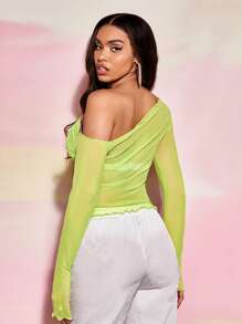 SHEIN BAE Asymmetrical Neck Lettuce Trim Mesh Top Without Bra - Lime Green - View 2