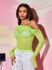 SHEIN BAE Asymmetrical Neck Lettuce Trim Mesh Top Without Bra - Lime Green - View 1