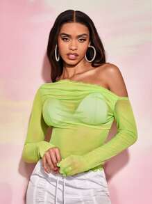 SHEIN BAE Asymmetrical Neck Lettuce Trim Mesh Top Without Bra - Lime Green - View 5