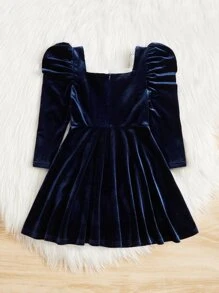 少女方領蕾絲邊羊腿袖天鵝絨連身裙