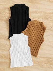 SHEIN 3 件套年轻女孩时尚优雅立领针织舒适粗针织背心 - 彩色 - 查看 2