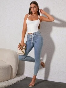 PARTHEA Draped Collar Boning Mesh Corset Cami Top - White - View 8