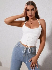 PARTHEA Draped Collar Boning Mesh Corset Cami Top - White - View 6