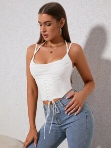 PARTHEA Draped Collar Boning Mesh Corset Cami Top - White - View 4