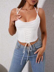 PARTHEA Draped Collar Boning Mesh Corset Cami Top - White - View 3