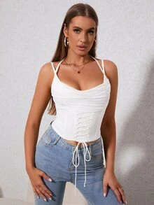 PARTHEA Draped Collar Boning Mesh Corset Cami Top - White - View 7