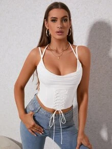 PARTHEA Draped Collar Boning Mesh Corset Cami Top - White - View 1