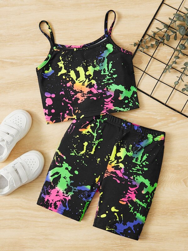 SHEIN Young Girl Splash Ink Print Cami Top și pantaloni scurți biker