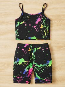 SHEIN Young Girl Splash Ink Print Cami Top & Biker Shorts