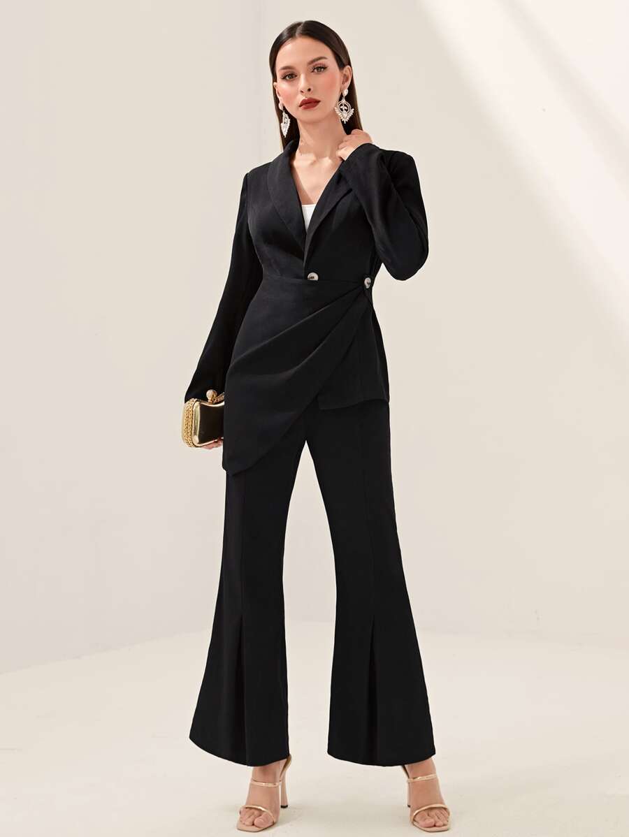 Modelyn Asymmetrical Hem Blazer & Flare Leg Trousers - Black - View 1