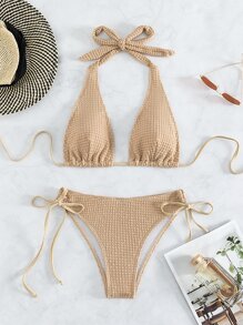 Conjunto de bikini simple para playa de verano con tirantes de cuello y laterales ajustables - Albaricoque - Ver 3