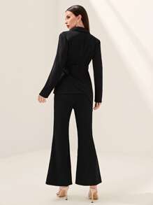 Modelyn Asymmetrical Hem Blazer & Flare Leg Trousers - Black - View 2