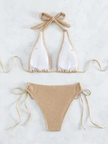 Conjunto de bikini simple para playa de verano con tirantes de cuello y laterales ajustables - Albaricoque - Ver 2
