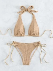Conjunto de bikini simple para playa de verano con tirantes de cuello y laterales ajustables - Albaricoque - Ver 4