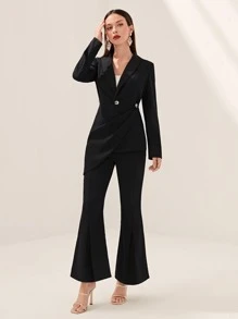 Modelyn Asymmetrical Hem Blazer & Flare Leg Trousers - Black - View 3
