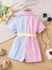 SHEIN 女小童撞色條紋優雅休閒度假連身褲帶平底翻領,常規袖,直筒長褲,夏天 - 彩色 - 查看 2