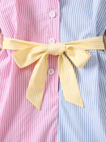 SHEIN 女小童撞色條紋優雅休閒度假連身褲帶平底翻領,常規袖,直筒長褲,夏天 - 彩色 - 查看 3