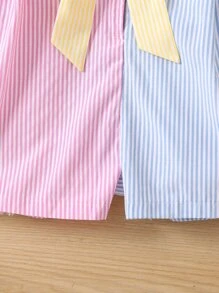 SHEIN 女小童撞色條紋優雅休閒度假連身褲帶平底翻領,常規袖,直筒長褲,夏天 - 彩色 - 查看 4