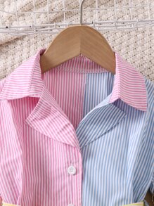 SHEIN 女小童撞色條紋優雅休閒度假連身褲帶平底翻領,常規袖,直筒長褲,夏天 - 彩色 - 查看 6