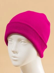 1pc Women's Solid Color Beanie Hat With Light Plate For Warmth And Fashion, Suitable For Daily Matching - Hot Pink - View 1