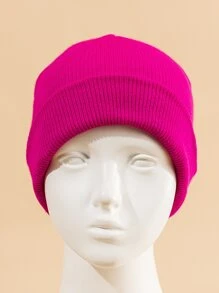 1pc Women's Solid Color Beanie Hat With Light Plate For Warmth And Fashion, Suitable For Daily Matching - Hot Pink - View 3