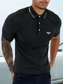 Manfinity Homme Men Letter And Wings Print Polo Shirt - Black - View 1