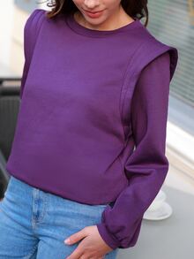 SHEIN Frenchy Solid Shoulder Pad Sweatshirt - Violet Purple - View 3