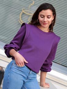SHEIN Frenchy Solid Shoulder Pad Sweatshirt - Violet Purple - View 1