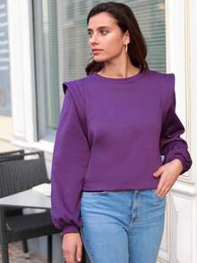 SHEIN Frenchy Solid Shoulder Pad Sweatshirt - Violet Purple - View 4