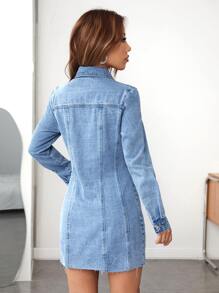 Pocket Front Button Through Denim Dress - Light Wash - View 2