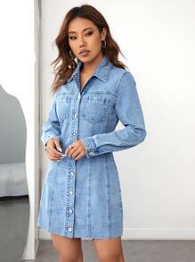 Pocket Front Button Through Denim Dress - Light Wash - View 5