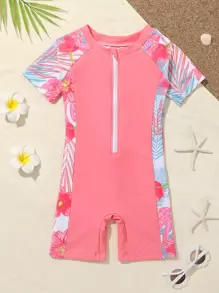 Toddler Girls Plant Print Zipper Front One Piece Swimsuit - Coral Pink - View 1