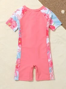 Toddler Girls Plant Print Zipper Front One Piece Swimsuit - Coral Pink - View 2