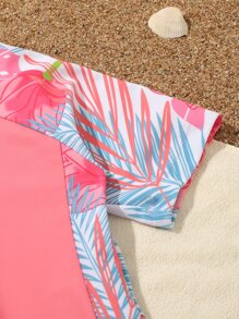 Toddler Girls Plant Print Zipper Front One Piece Swimsuit - Coral Pink - View 4