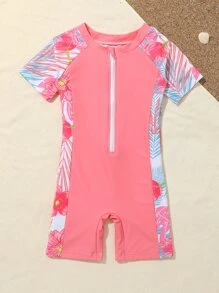 Toddler Girls Plant Print Zipper Front One Piece Swimsuit - Coral Pink - View 5