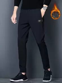 Manfinity Hombres Pantalones con estampado de letra de cintura con cordón - Negro - Ver 1