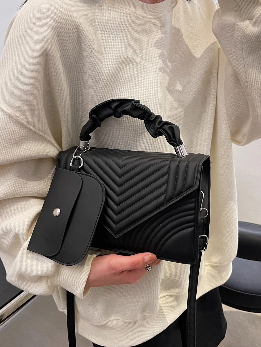 Chevron Detail Ruched Top Handle Flap Square Bag With Coin Purse - Black - View 1