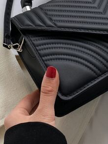 Chevron Detail Ruched Top Handle Flap Square Bag With Coin Purse - Black - View 7