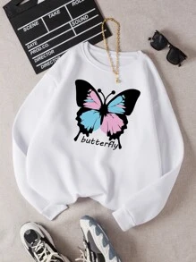 SHEIN EZwear Butterfly And Letter Graphic Thermal Lined Sweatshirt - White - View 1