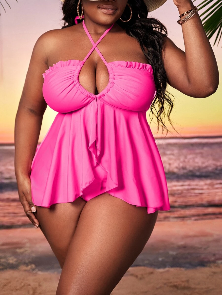 SHEIN Unity 大码霓虹粉色比基尼套装荷叶边飘逸挂脖上衣和高腰下装两件套泳衣夏季 - 玫紅色 - 查看 1
