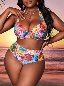 SHEIN Slayr Plus Size Tropical Print Push Up Bikini Set Summer Beach - Multicolor - View 1