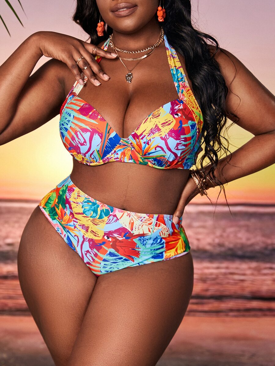 SHEIN Slayr Plus Size Tropical Print Push Up Bikini Set Summer Beach - Multicolor - View 1